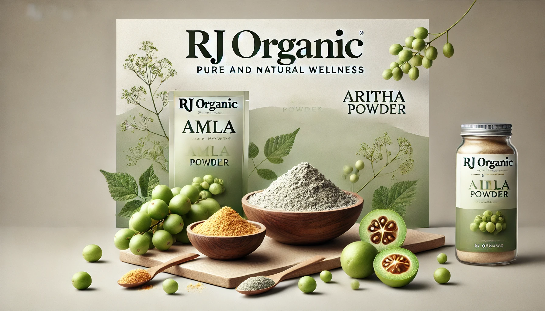 DALL·E 2024-11-01 18.30.24 - A clean, natural-looking banner for RJ Organic's website, featuring amla and aritha powder products. The background includes soft greens and earthy to